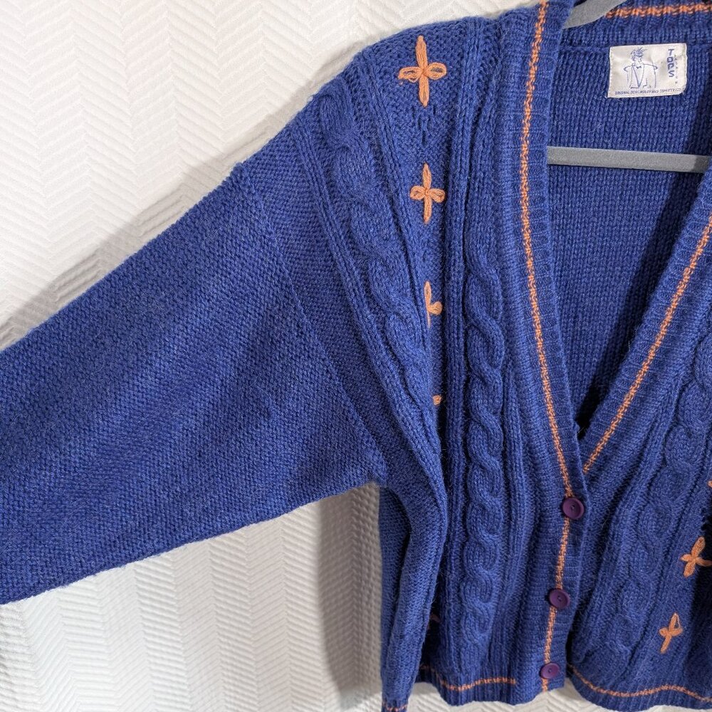 Vintage Chunky Cable Knit Cardigan Blue Orange Wool Blend 80s size M to L Retro - Picture 5 of 16